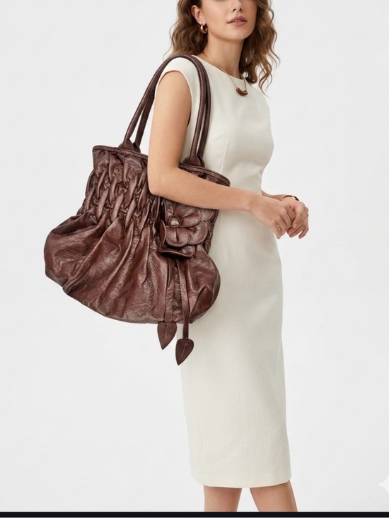 curly Handbags - Vintage Curly Brown Genuine Leather Ruched Hobo Bag 3D Flower Detail Y2K